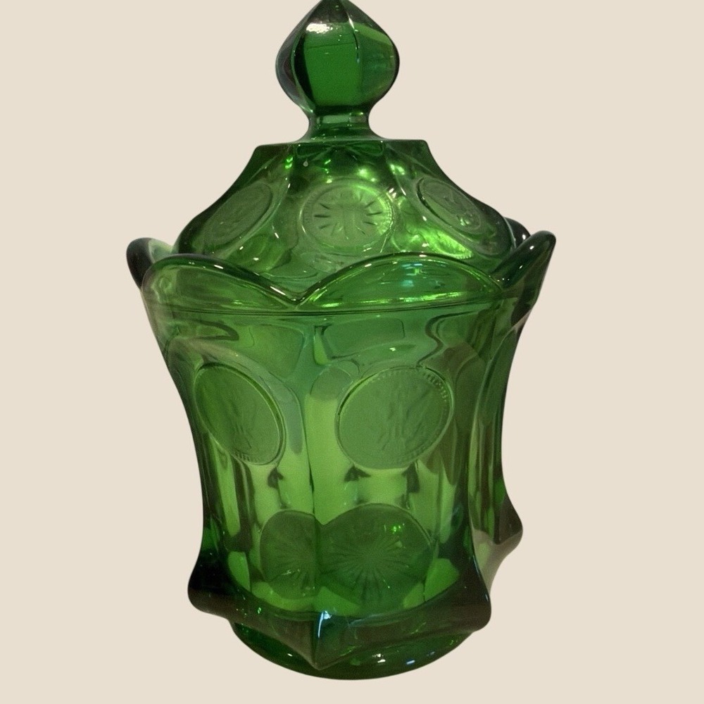 Fostoria Coin Glass Emerald Green Candy Dish with Lid Vintage Mid Century Modern